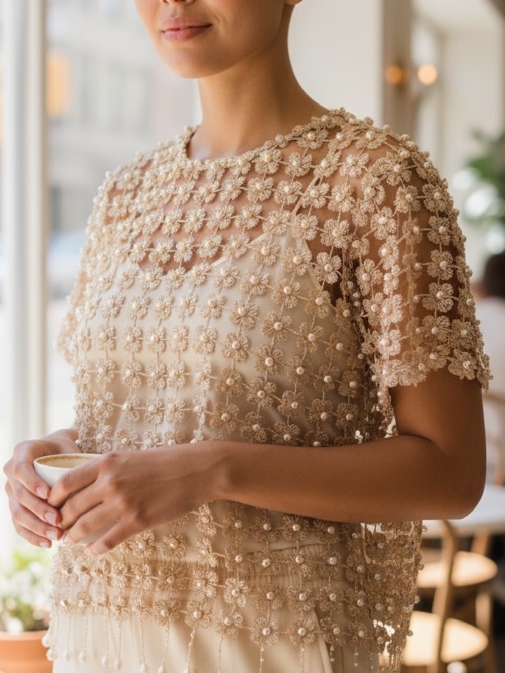 Womens  Beige Pearl-Embellished Floral Lace Top